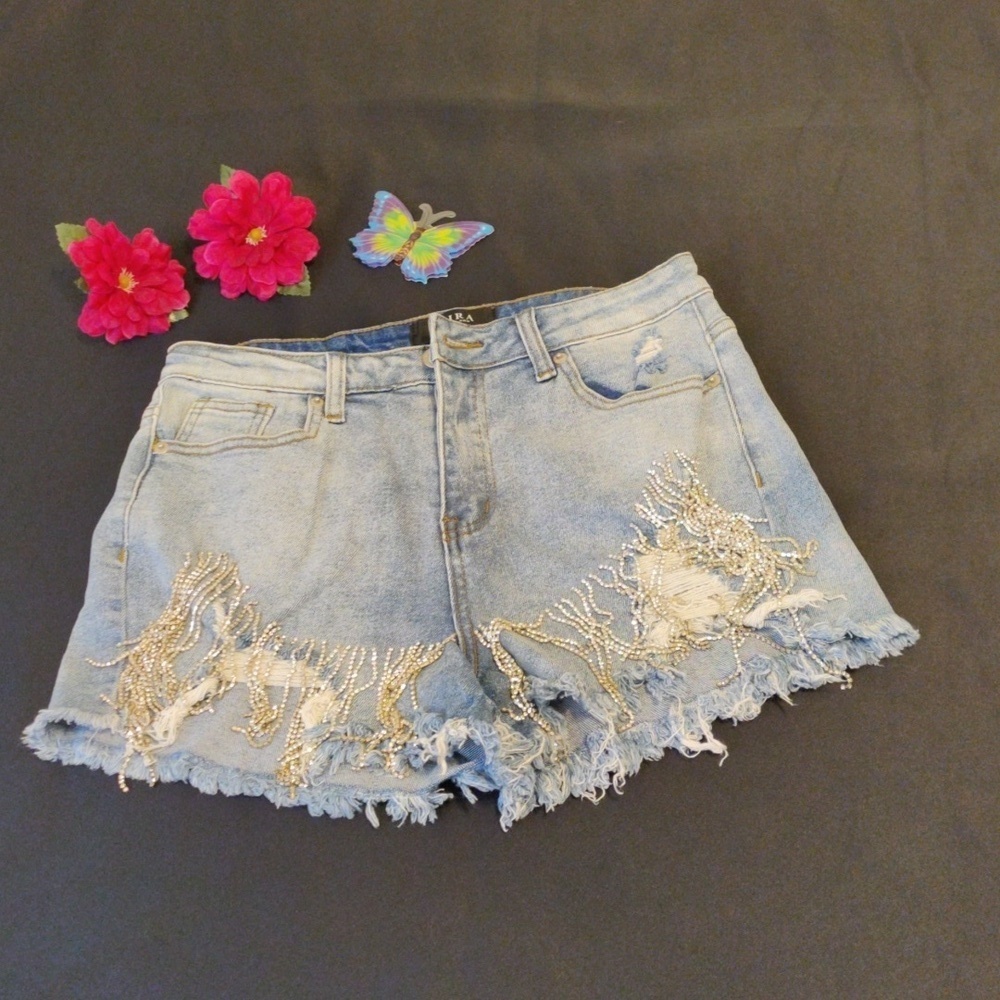 AKIRA Denim shorts Rhinestone fringed.